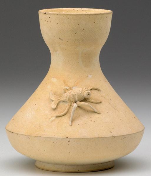 Appraisal: ROBLIN Bisque-fired vase with applied crayfish Two re-glued legs one