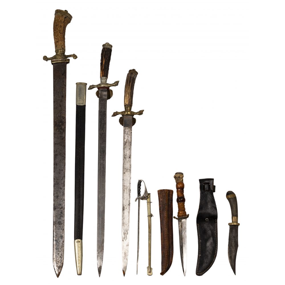 Appraisal: EUROPEAN HIRSCHFANGER SWORD AND CUSTOM DAGGER ASSORTMENT items including hunting