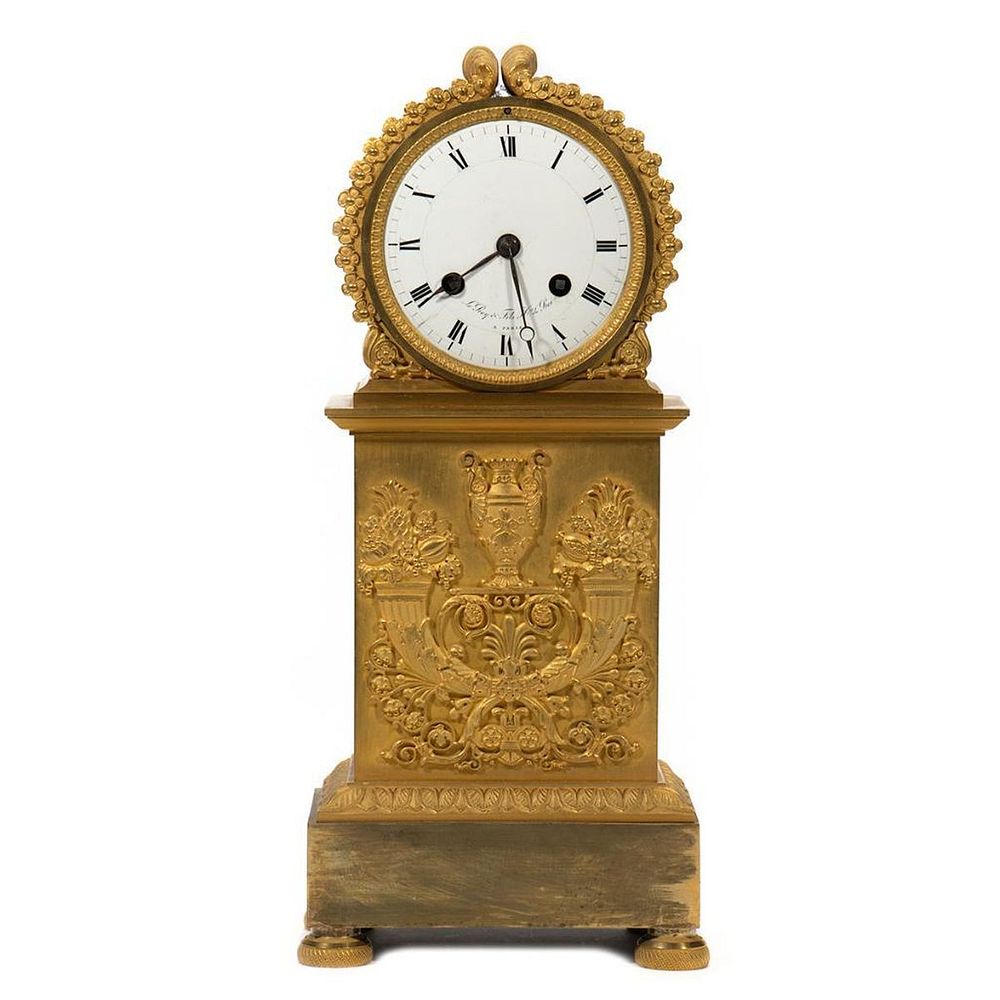 Appraisal: Leroy Fils French Empire Gilt Mantle Clock The clock face