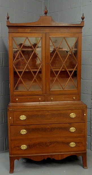 Appraisal: New England Hepplewhite style two-part secretary desk c with mullioned