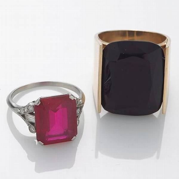 Appraisal: A synthetic ruby diamond and platinum ring together with a