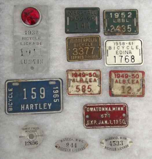 Appraisal: Lot Bicycle License Plates Tags ''Austin Hartley Minneapolis Edina Owatonna