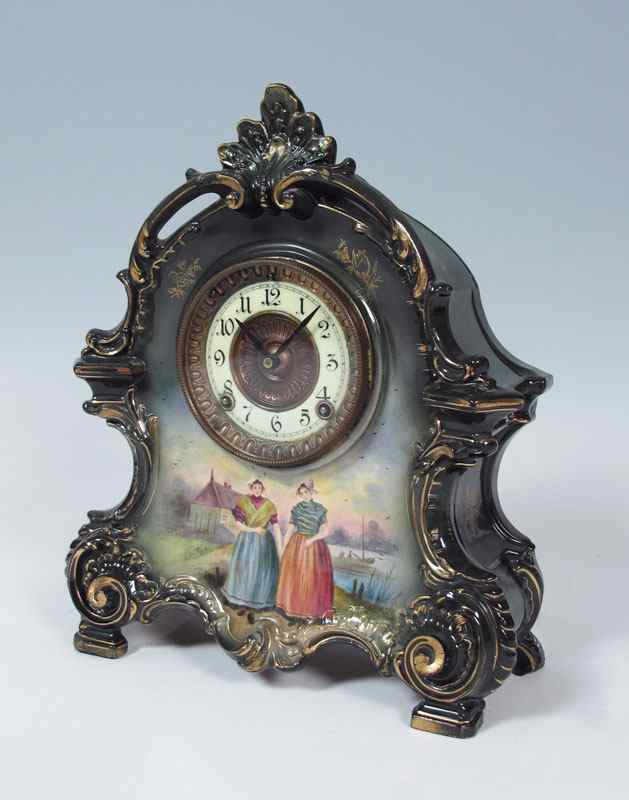 Appraisal: ANSONIA ROYAL BONN LA BRETAGNE PORCELAIN CASE MANTLE CLOCK Dark