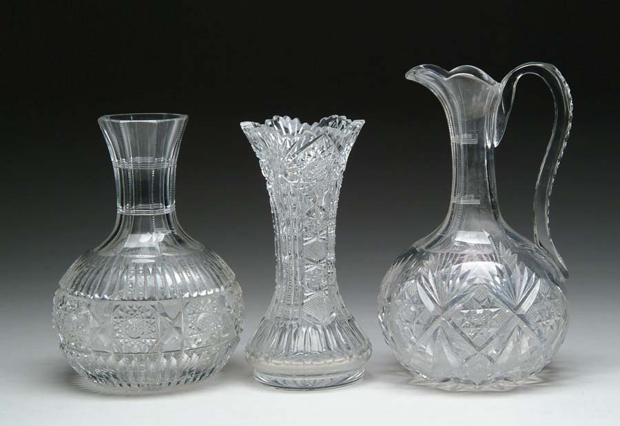 Appraisal: THREE CUT GLASS ITEMS Crosshatch and fan pattern ewer with