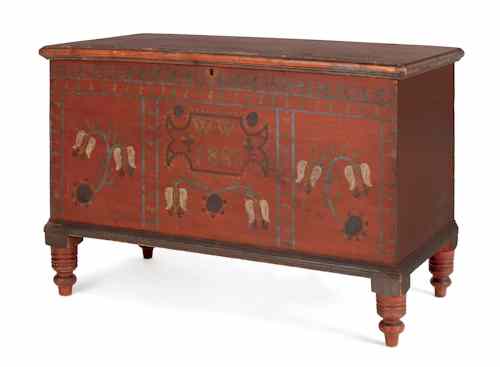 Appraisal: Central Pennsylvania painted pine dower chest inscribed WW decorated with