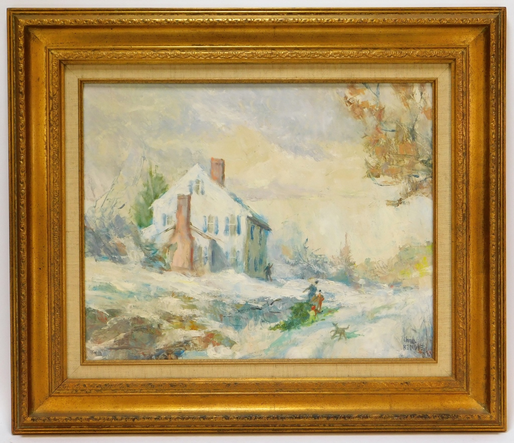 Appraisal: CHRIS BENVIE WINTER CABIN LANDSCAPE PAINTING Rhode Island - Impressionist