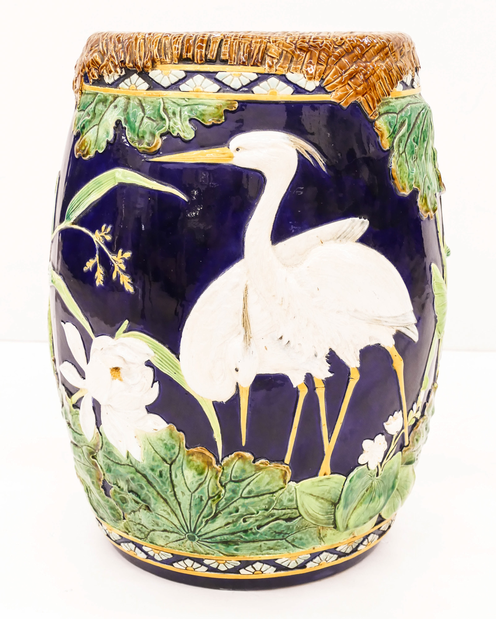 Appraisal: George Jones Majolica Stork and Swallow Garden Seat ''x ''