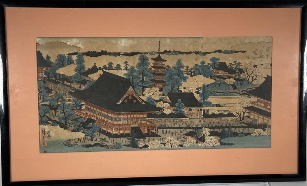 Appraisal: Large matted and framed woodblock triptych depicts a typical Japanese