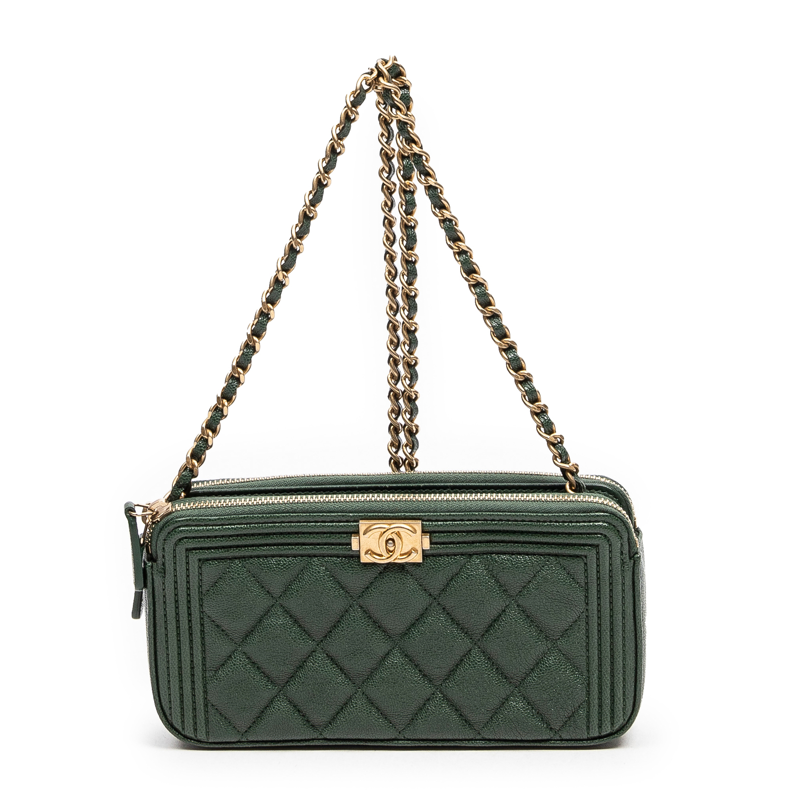 Appraisal: A CHANEL BOY DOUBLE ZIP CLUTCH A green quilted Caviar