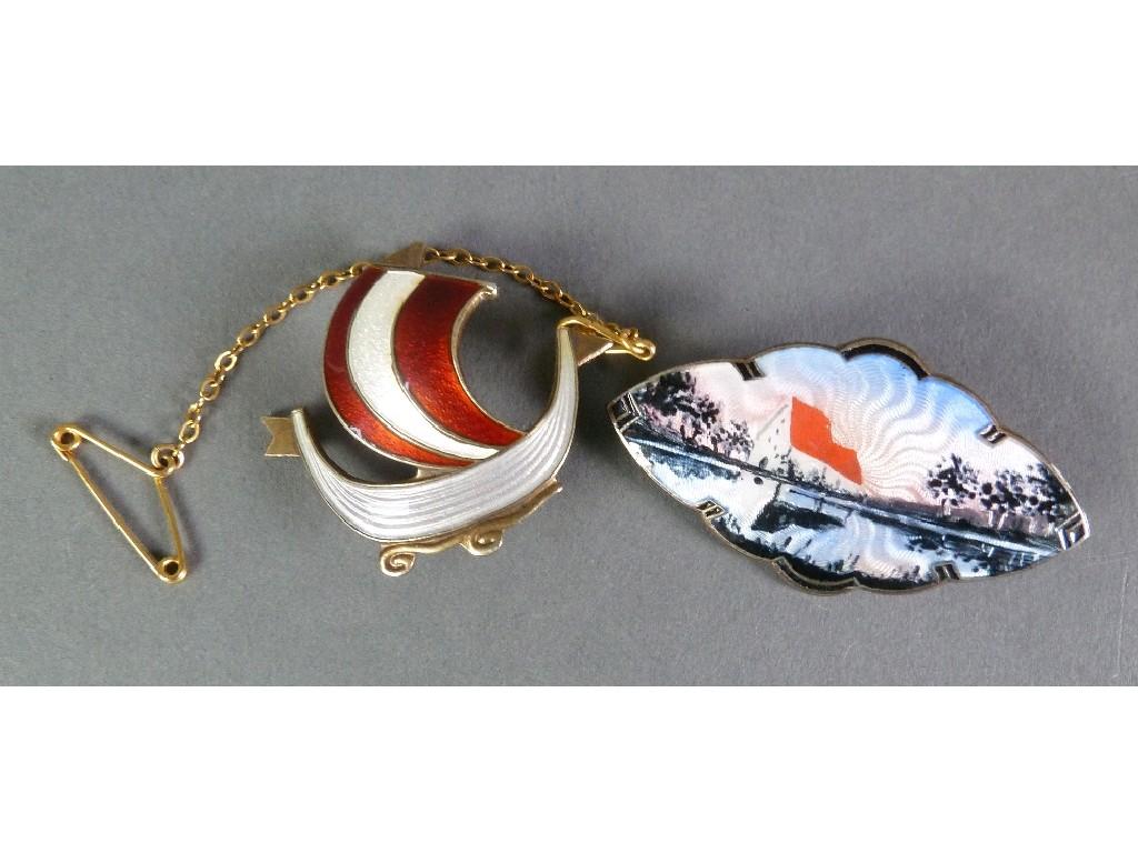 Appraisal: NORWEGIAN SILVER AND PICTORIAL GUILLOCHE ENAMELLED LOZENGE SHAPED BROOCH depicting