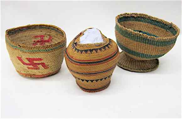 Appraisal: THREE NATIVE AMERICAN INDIAN BASKETS northwest coastal pedestal basket with