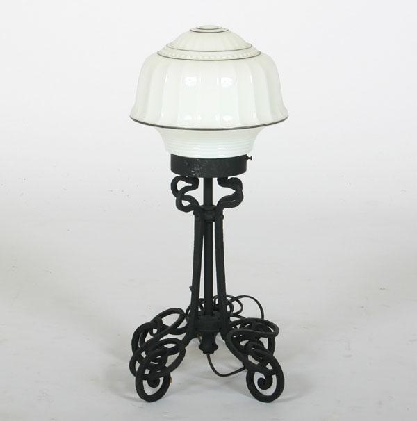 Appraisal: Art Deco scrolling wrought iron table lamp base with white