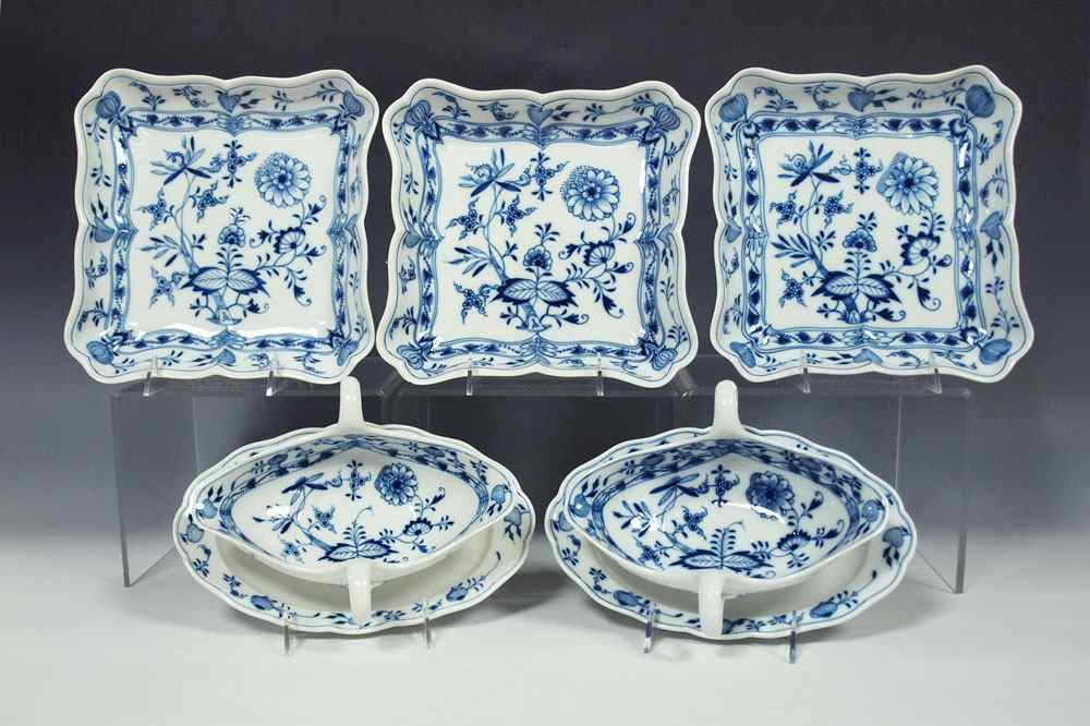 Appraisal: PIECE MEISSEN BLUE ONION GRAVY BOATS AND SQUARE SALAD PLATES