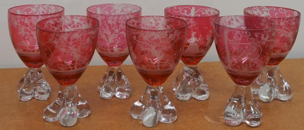 Appraisal: Seven Possibly Bohemian Etched Cranberry to Clear Stem Wines H