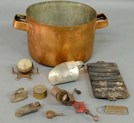 Appraisal: Copper pot h with miniature tin and iron ware- grater