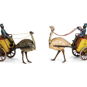 Appraisal: Two Lehmann 'Zulu' Tin Lithograph Ostrich Cart Windup Toys German