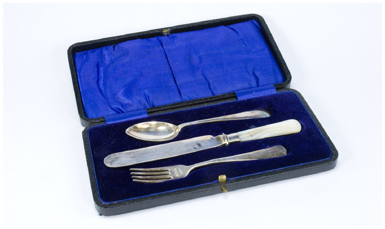 Appraisal: Silver Three Piece Christening Set Comprising Mother Of Pearl Handled