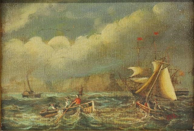 Appraisal: Framed painting on canvas Ships at Sea initialed E V