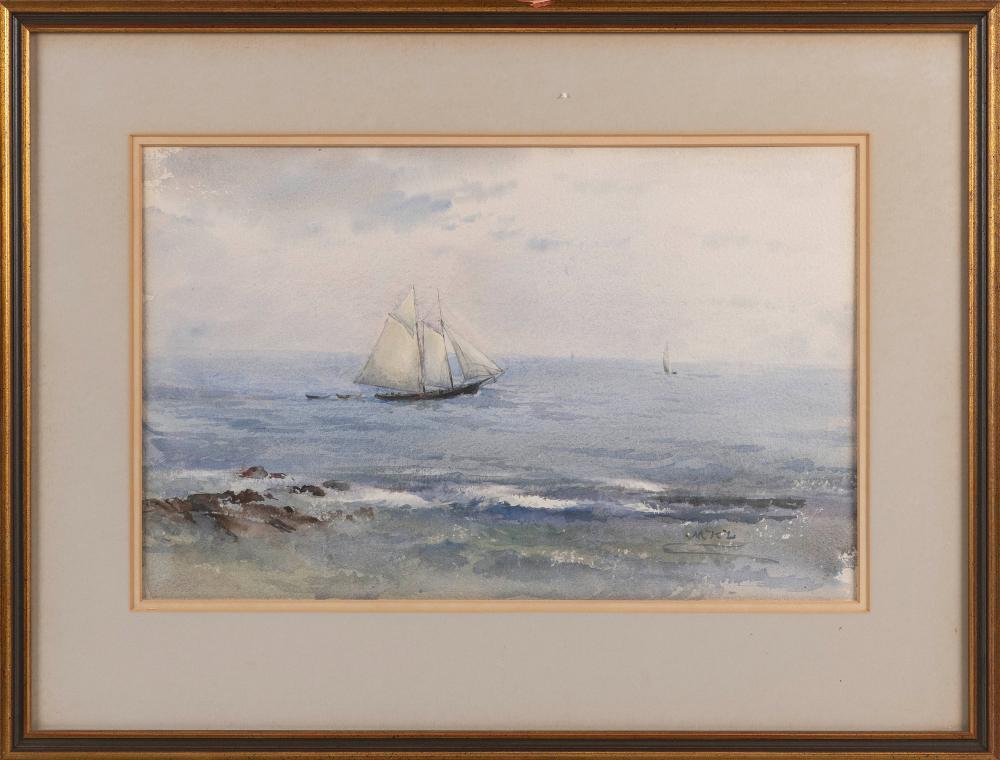 Appraisal: AMERICAN SCHOOL TH CENTURY SAILBOATS OFF THE COAST WATERCOLOR ON