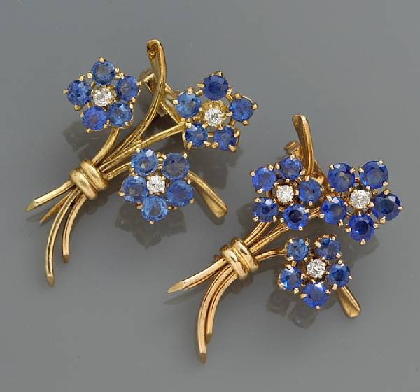 Appraisal: A pair of sapphire and diamond flower brooches Van Cleef