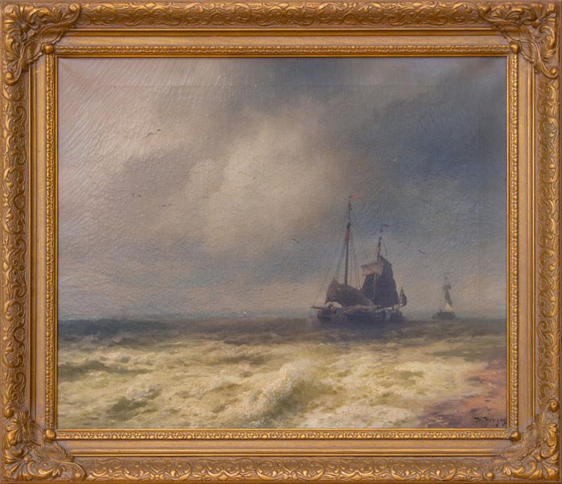 Appraisal: HERMAN HERZOG - TWO SHIPS BY THE SHORELINE Oil on