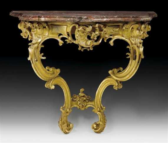 Appraisal: PIERCED GILTWOOD CONSOLE Louis XV Paris circa With shaped Br