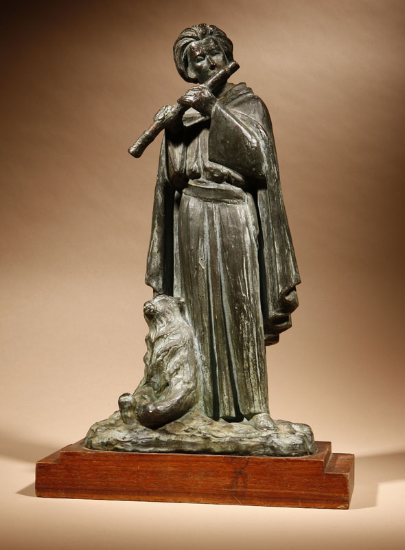 Appraisal: After Nishan Toor patinated bronze figure of flautist and bear