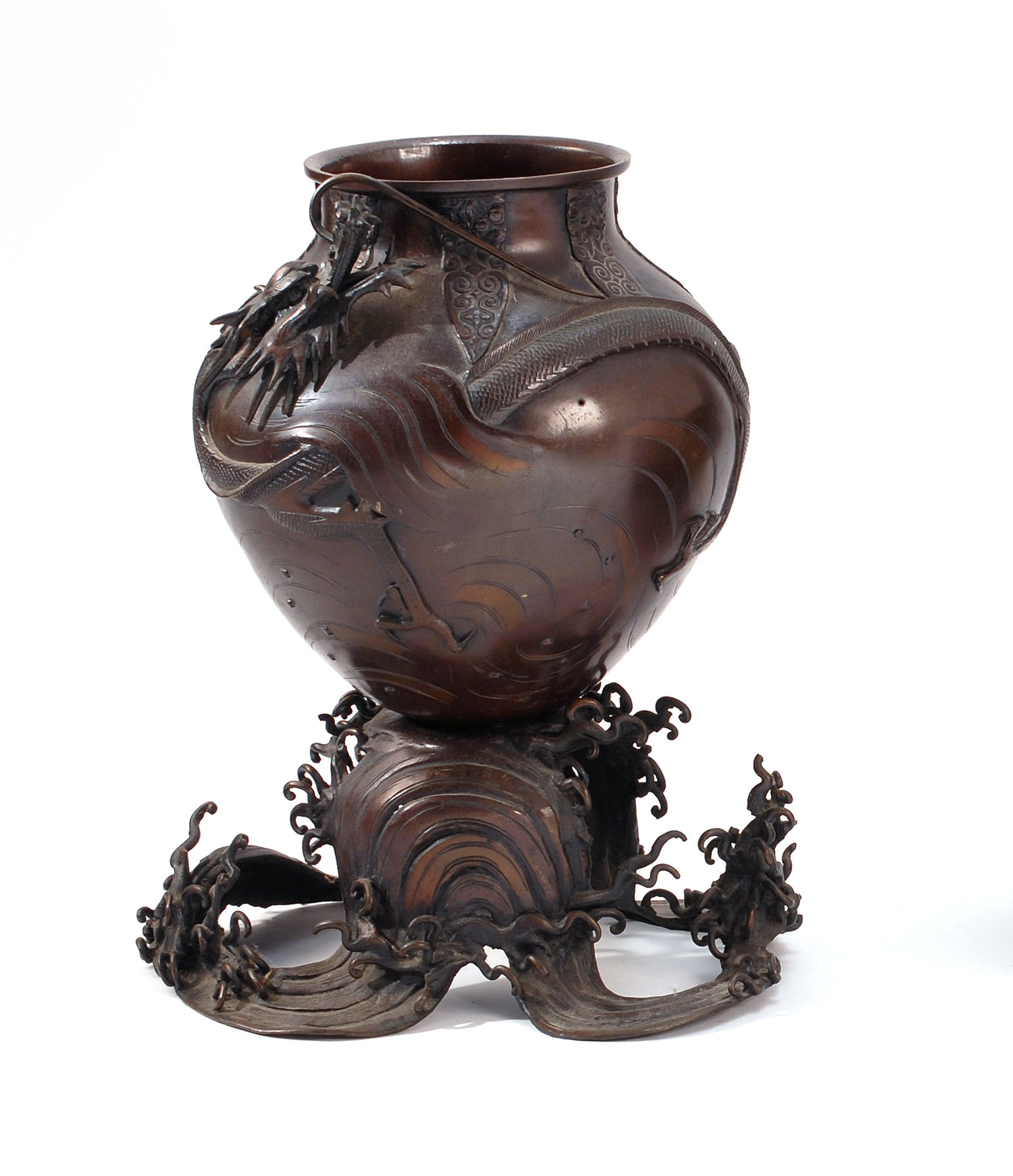 Appraisal: BRONZE URN Meiji PeriodIn inverted pear shape with dramatic openwork