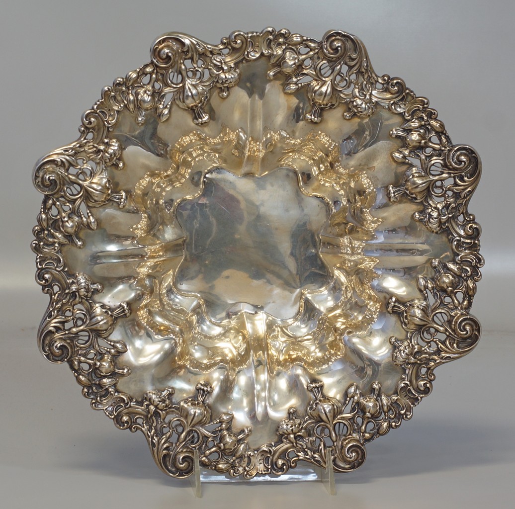 Appraisal: Repousse sterling silver center bowl with pierced and scalloped Rococo