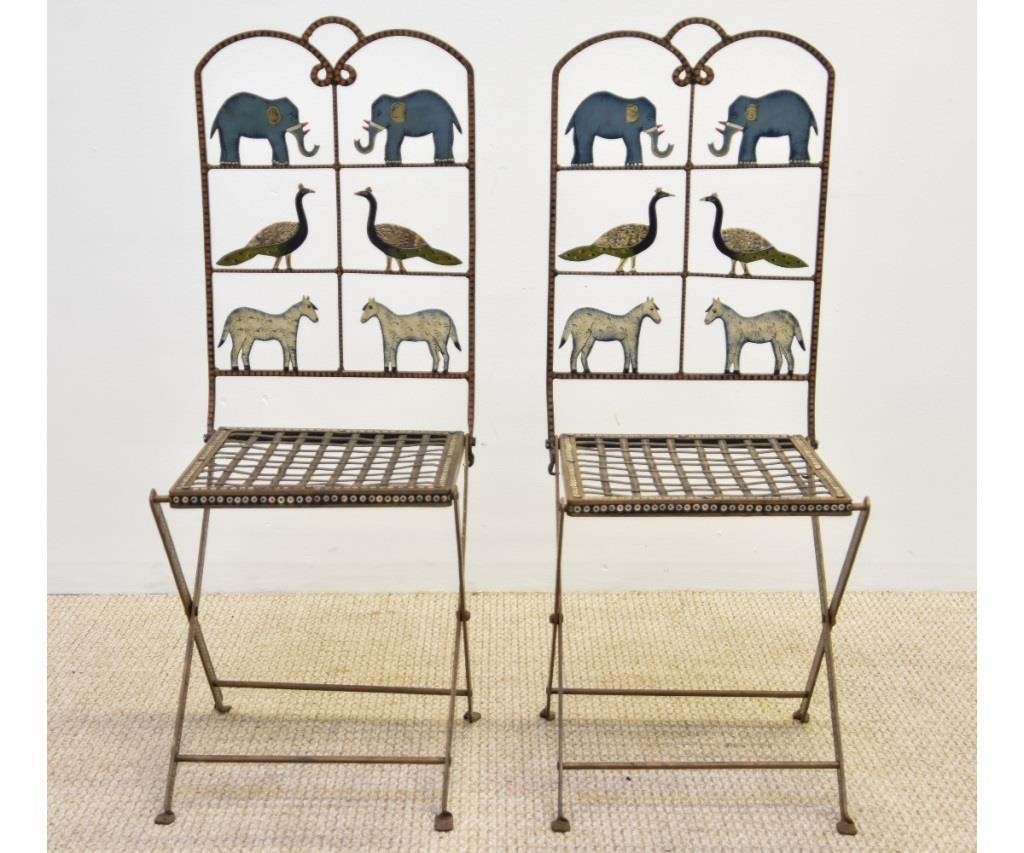 Appraisal: Pair of metal folding chairs with paint decorated animals h