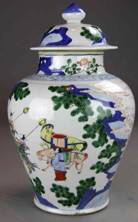 Appraisal: Chinese Qing Woucai Porcelain Jar and CoverDepicting figures in a