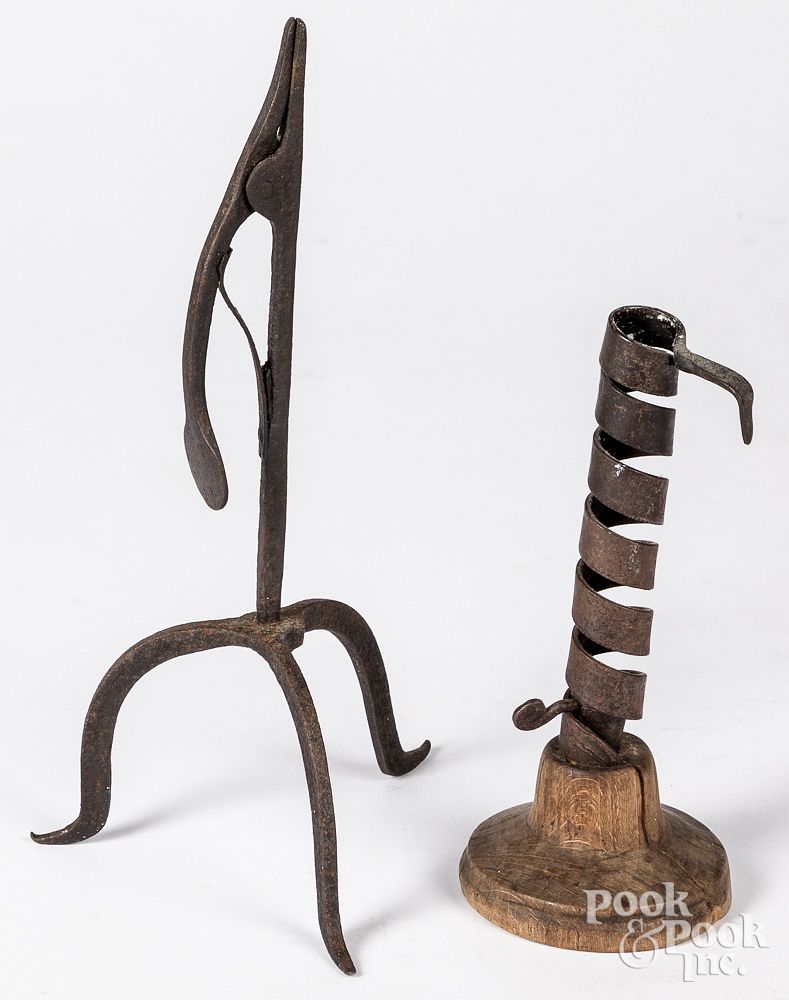 Appraisal: Wrought iron rush lamp early th c Wrought iron rush