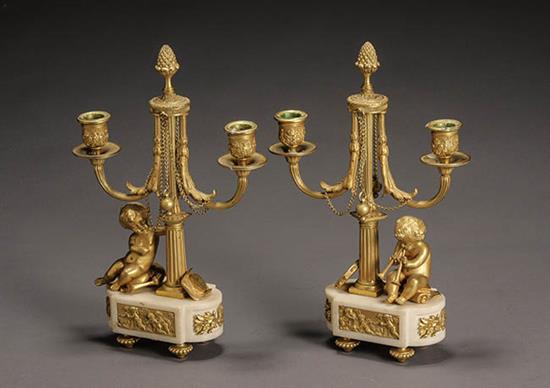 Appraisal: Pair of Louis XVI Style Ormolu and Marble Two-Light Candelabra