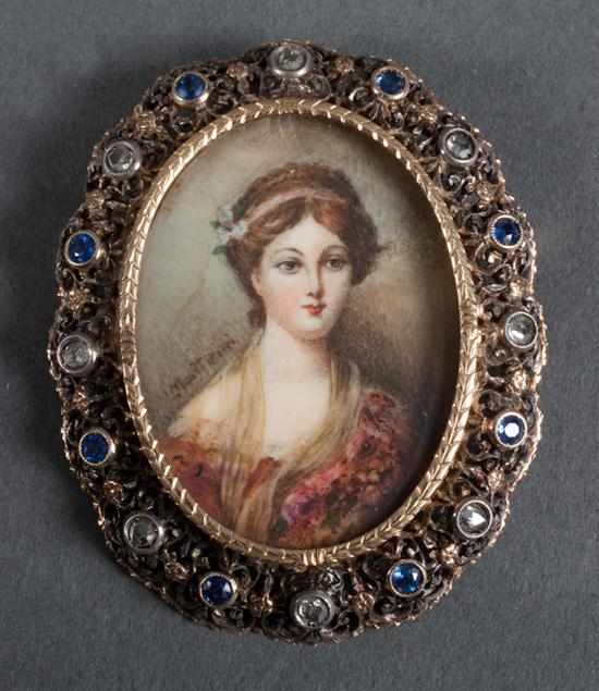 Appraisal: Antique gold diamond and sapphire miniature portrait pendant-brooch gouache on