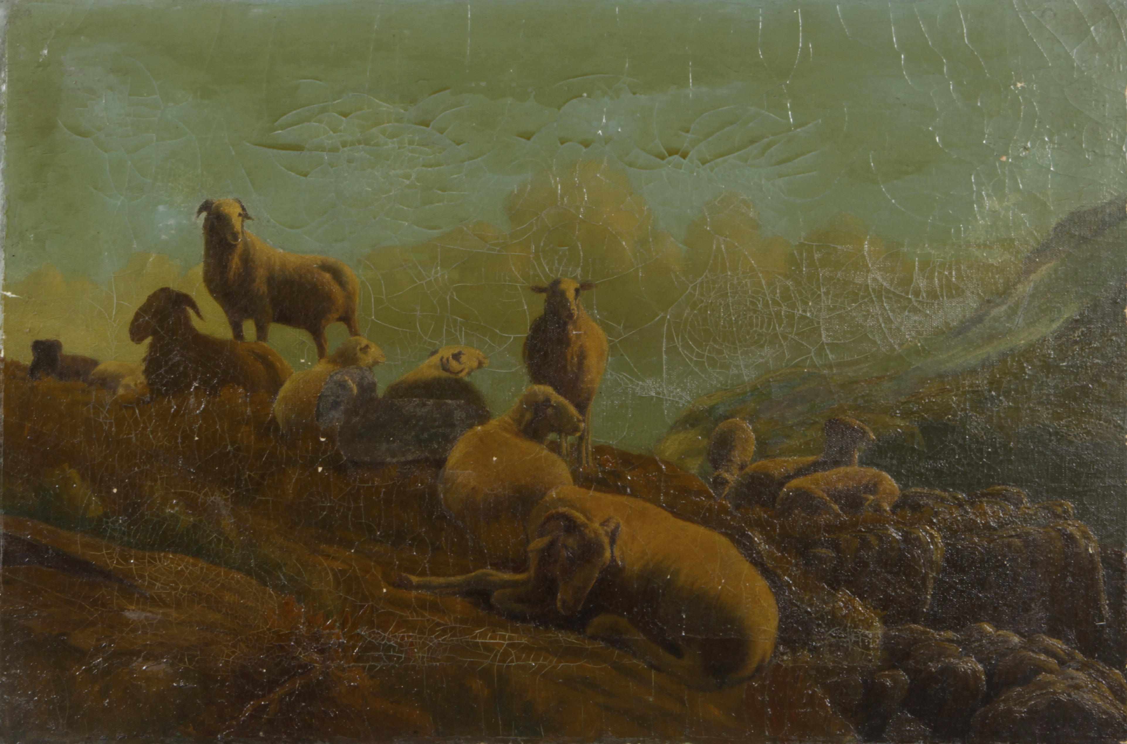 Appraisal: English School th Century Sheep resting on a hillside oil