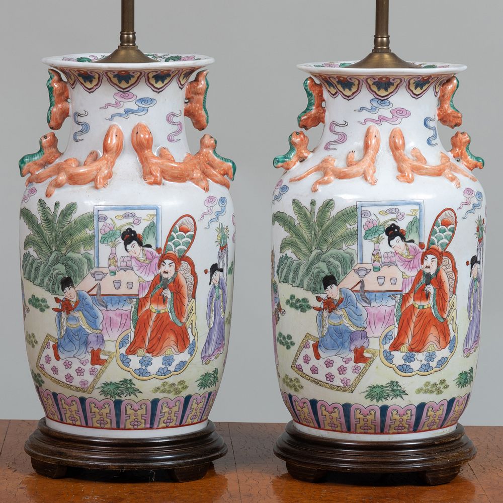 Appraisal: Pair of Chinese Famille Rose Porcelain Baluster Vases Mounted as