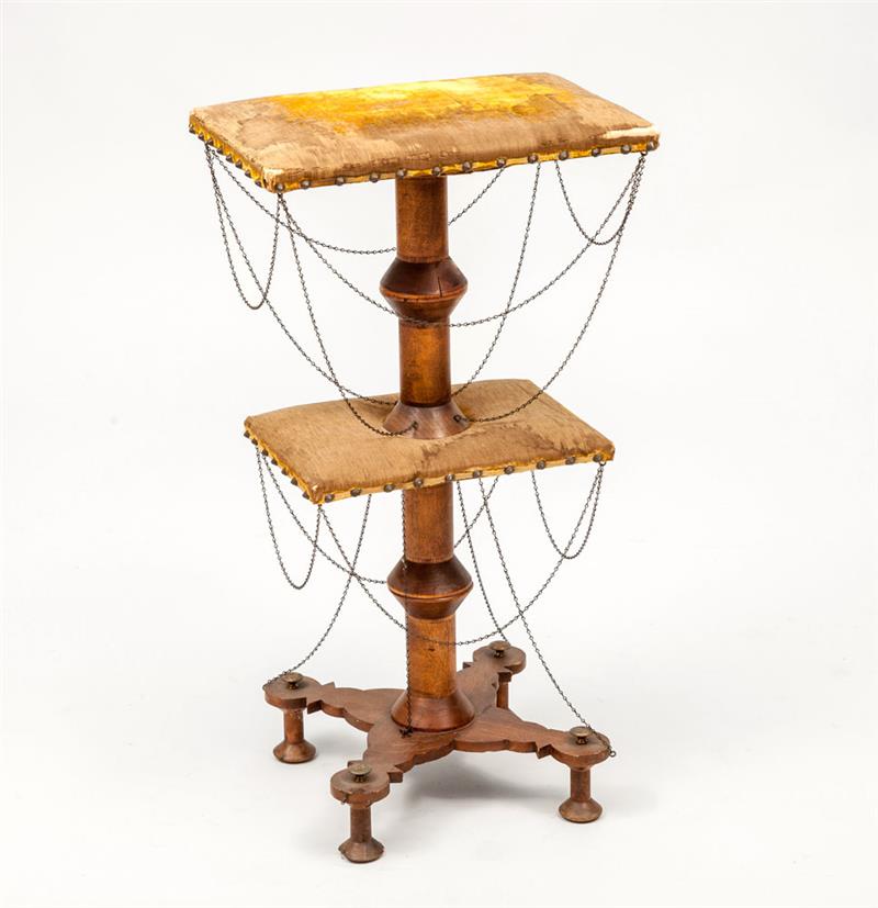 Appraisal: Victorian Style Fabric Upholstered Two-Tiered Spool Table x x in