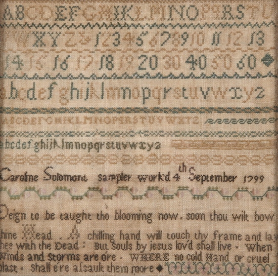 Appraisal: ENGLISH NEEDLEWORK ALPHABET SAMPLER worked by Caroline Solomon Rows of