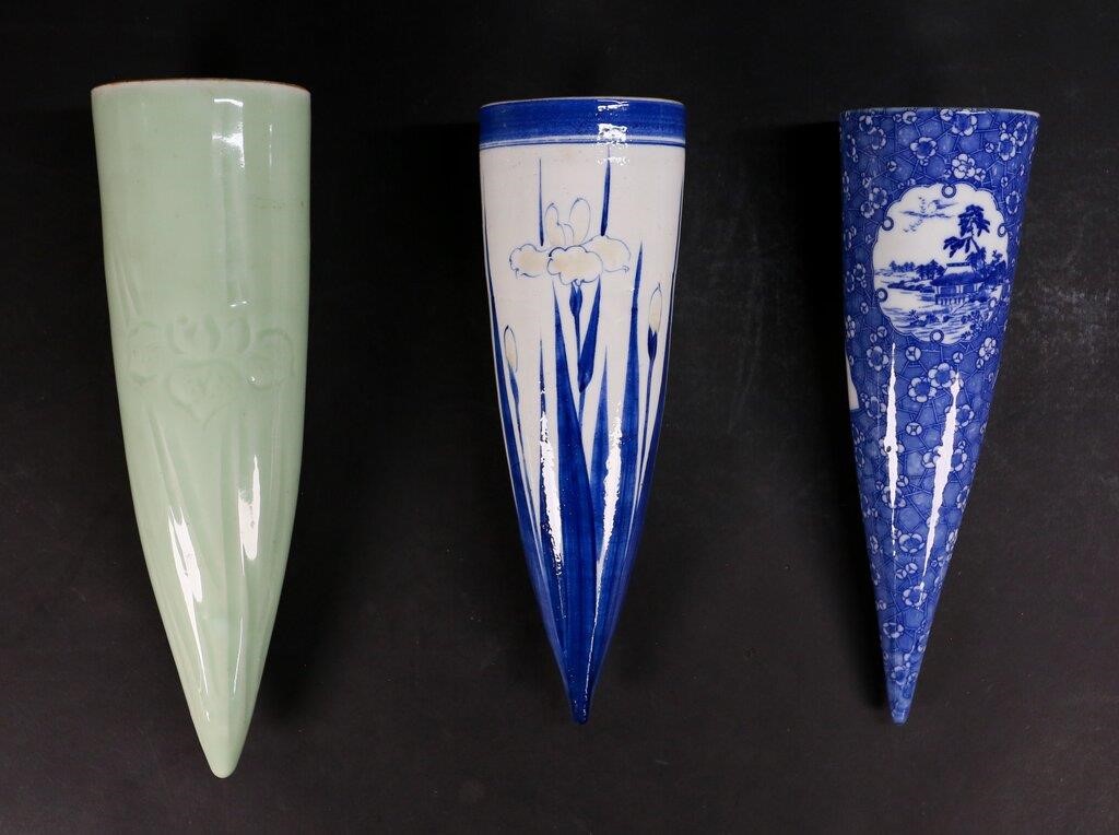 Appraisal: conical Chinese porcelain wall pockets blue and white H x