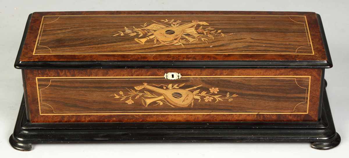 Appraisal: Swiss Cylinder Music Box Rosewood burl case w inlaid musical