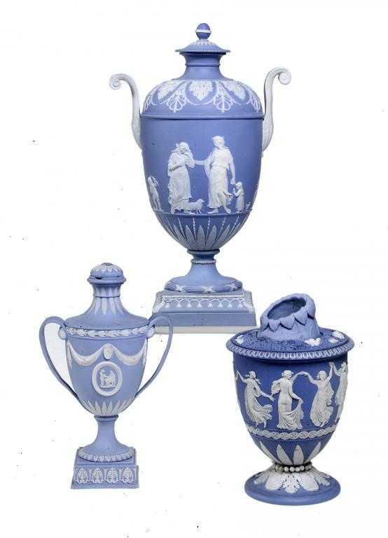 Appraisal: A WEDGWOOD SOLID BLUE JASPER WARE THREE PIECE BULB VASE