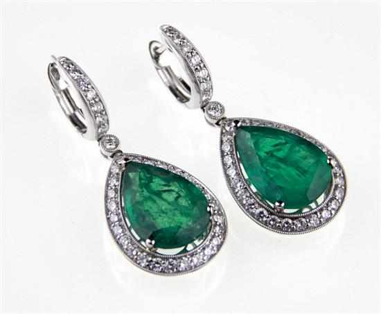 Appraisal: Emerald and diamond drop earrings ctw pear-shaped emeralds surrounded by