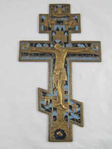 Appraisal: A Russian orthodox brass and cloisonne enamel large crucifix approx