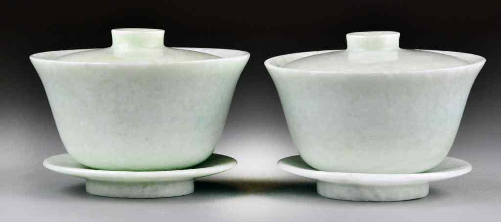 Appraisal: Pr Chinese Jadeite Covered Cups with SaucerPair of light green