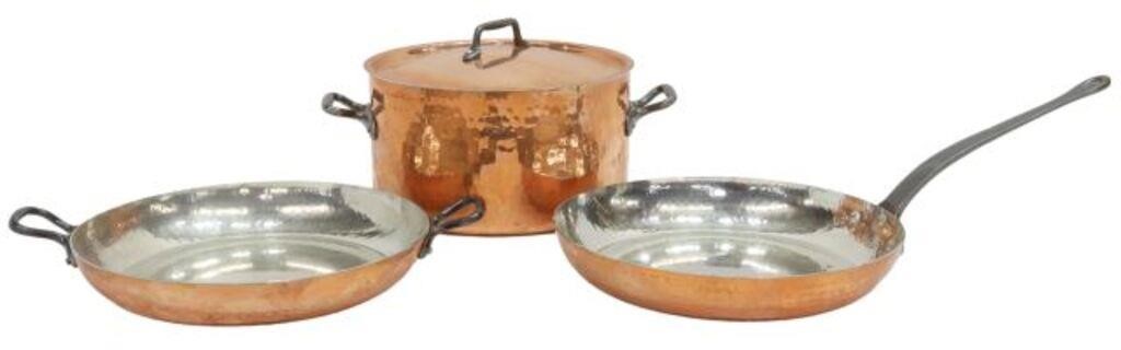 Appraisal: lot of French hammered copper cookware with iron handles including