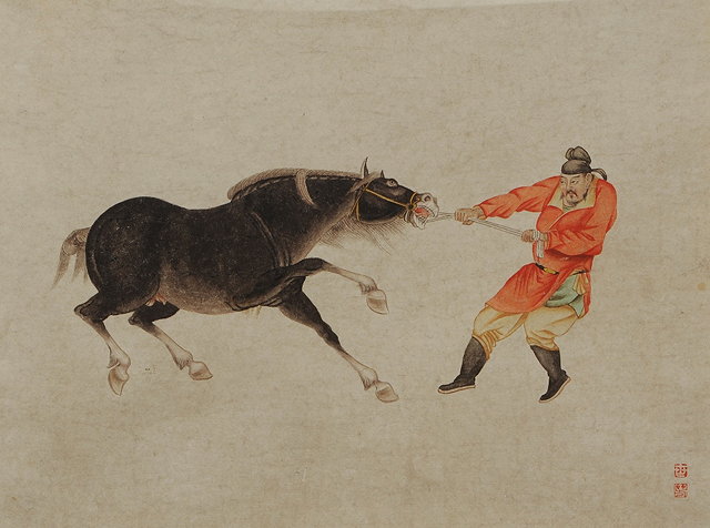 Appraisal: CHINESE SCHOOLWash study of a Manchu grappling with a horse