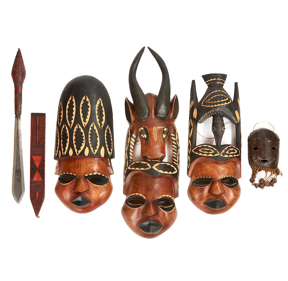 Appraisal: Three African Wood Masks a Shell Mask and Taureg Sword