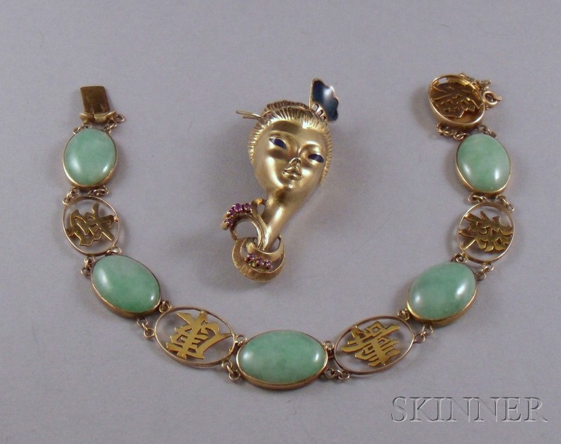 Appraisal: Chinese kt Gold and Jade Cabochon Bracelet and an Asian