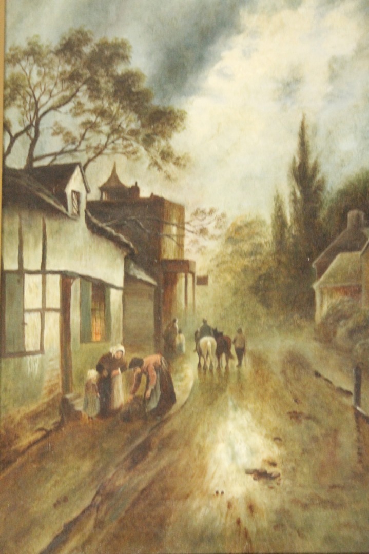 Appraisal: thC School Village scene figures by cottages on a twilight