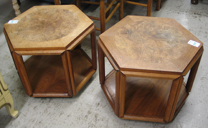 Appraisal: PAIR OF HEXAGONAL BURL WALNUT AND TEAK PEDESTAL OCCASIONAL TABLES